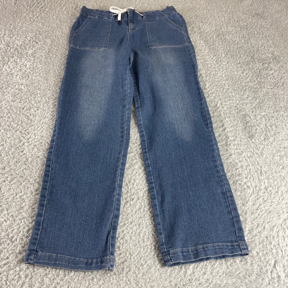 Moncler Womens Medium Wash Denim Wide Leg Drawstring Pants Size M Blue